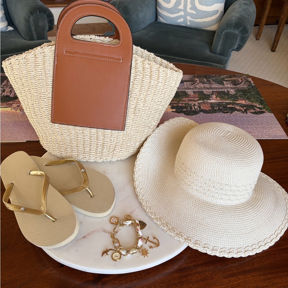 New “Goodbye Winter” 4 piece bundle Straw Hat, Tote, Flip Flops and bracelet